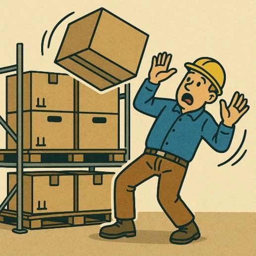 Carton sur un rack de stockage qui tombe sur un homme.