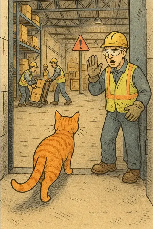 Homme empêchant un chat de rentrer dans un entrepôt.